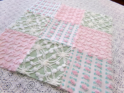 Vintage Patchwork Chenille Fabric Craft Panel, 16" Square, Cottage Style DIY Pillows