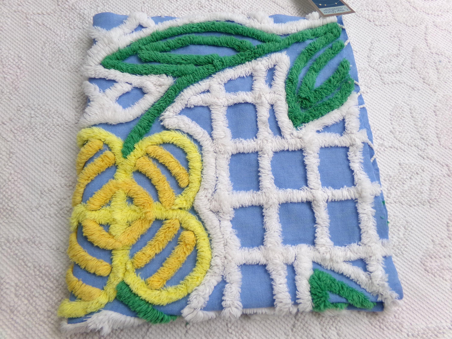 Vintage Blue Chenille Fabric, Yellow Flower on White Terrace Tuft, 22" x 23.5" Piece Sewing Quilt Material