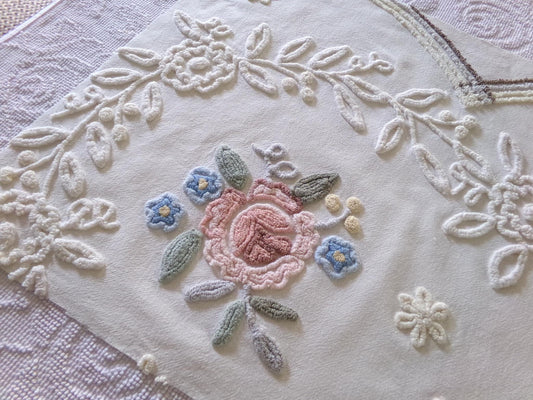 shabby chic chenille fabric, lovely needletuft rose floral design, 21" x 21" inch piece of vintage sewing material great for a pillow cover
