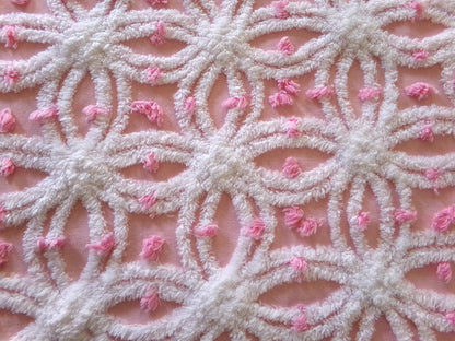 perfectly pink chenille fabric, white tufted wedding rings & sprinkle pops, 18" x 24" inch piece cut from vintage chenille bedspread