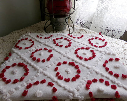 vintage chenille bedspread fabric, upcycle sewing quilt material ruby red circles & white diamonds, 20" x 25"