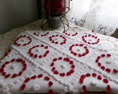ruby red & white vintage chenille fabric, antique handtufted 20"x 25" piece quilt material
