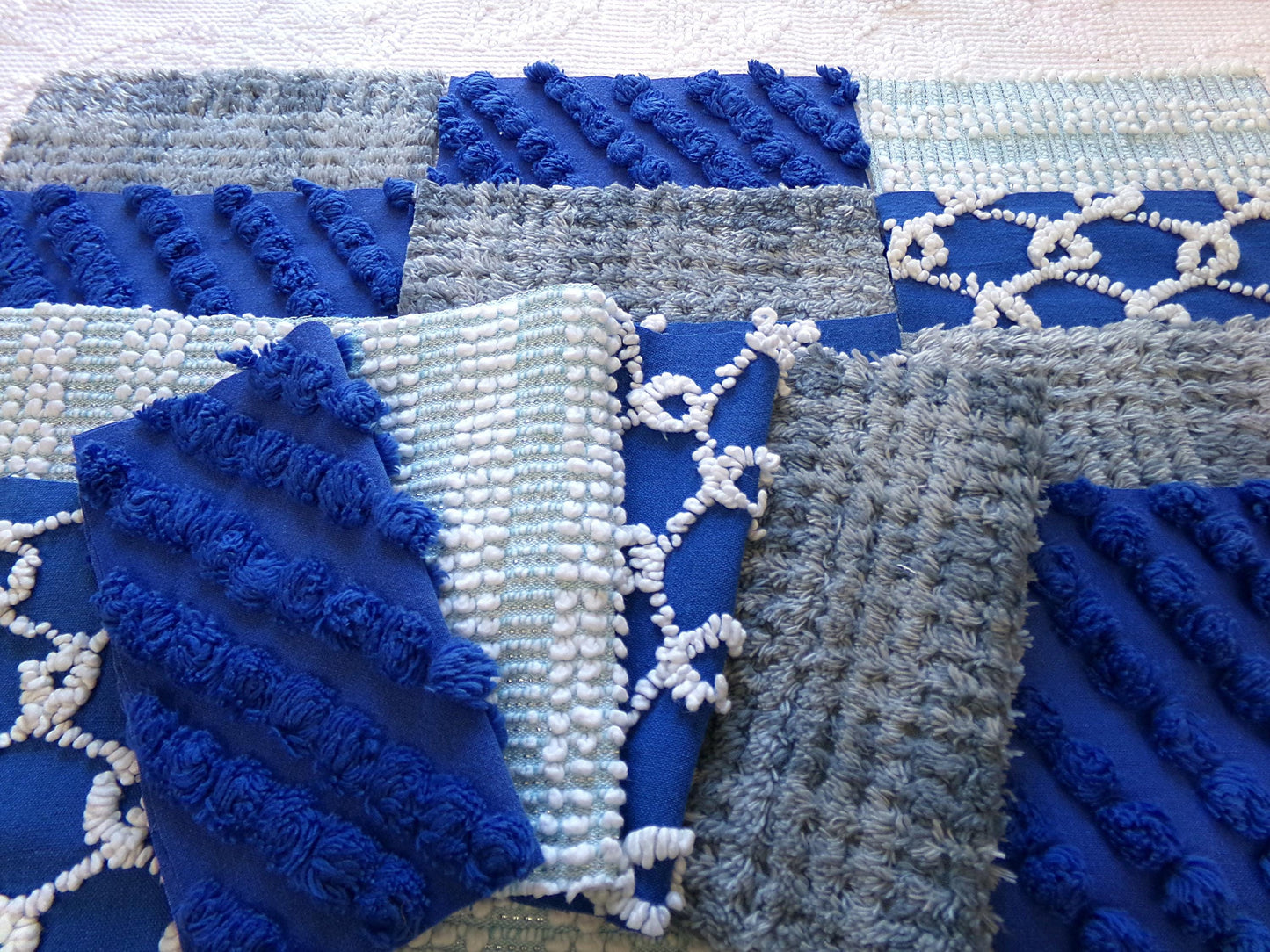 Vintage Chenille Fabric Squares - Set of 16 - Sporty Grey, White & Blue - 6" Quilt Blocks