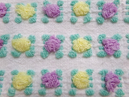 Rare Rosebud Vintage Chenille Fabric, Yellow Lilac Tufted Roses, 17x24"