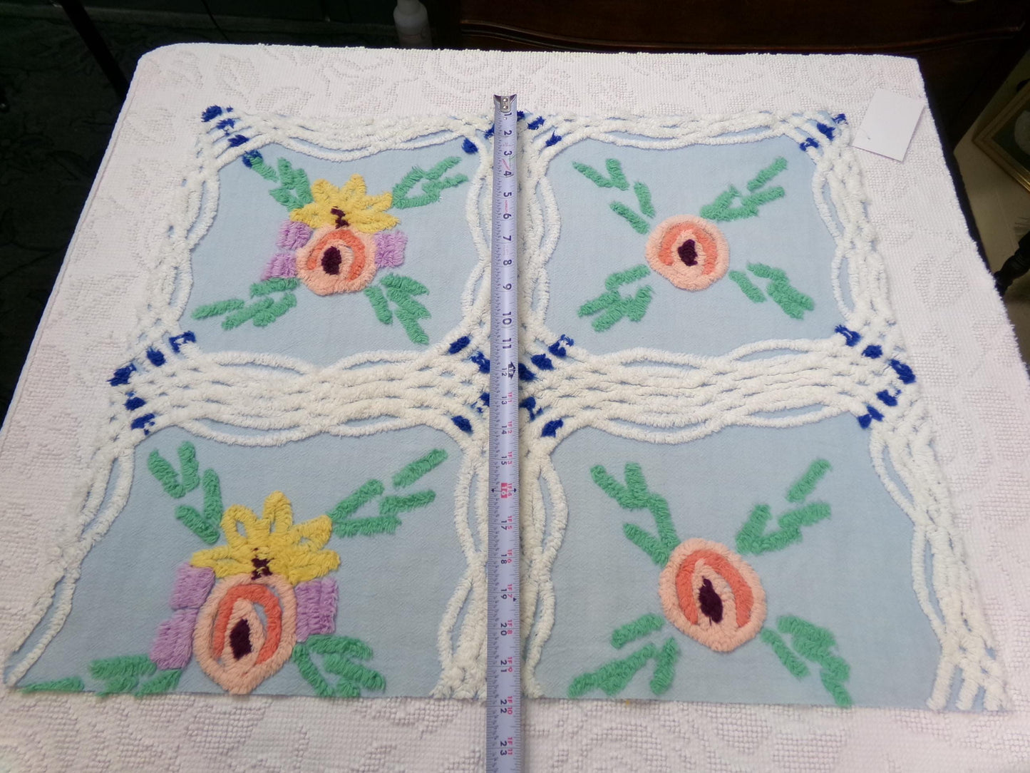 Vintage Blue Floral Chenille Bedspread Fabric, coastal chic sewing material, 21" x 25"