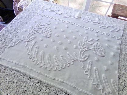 Elegant White Vintage Chenille Fabric, 20" x 23" inch Piece of Sewing Material for Quilts & Crafts