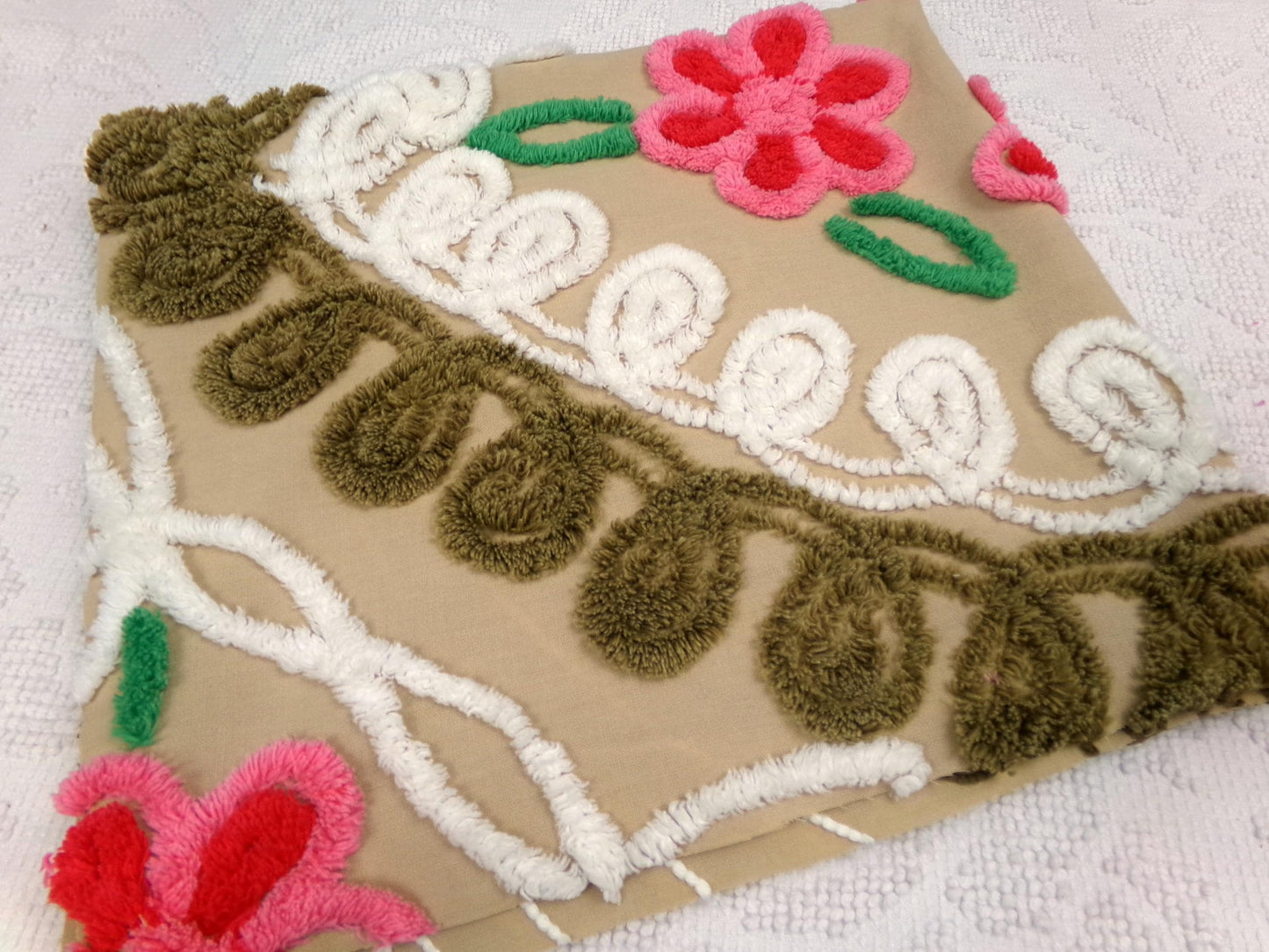 Vintage Chenille Bedspread Fabric Piece, Mocha Chocolate Cherry Floral, 24" x 23"