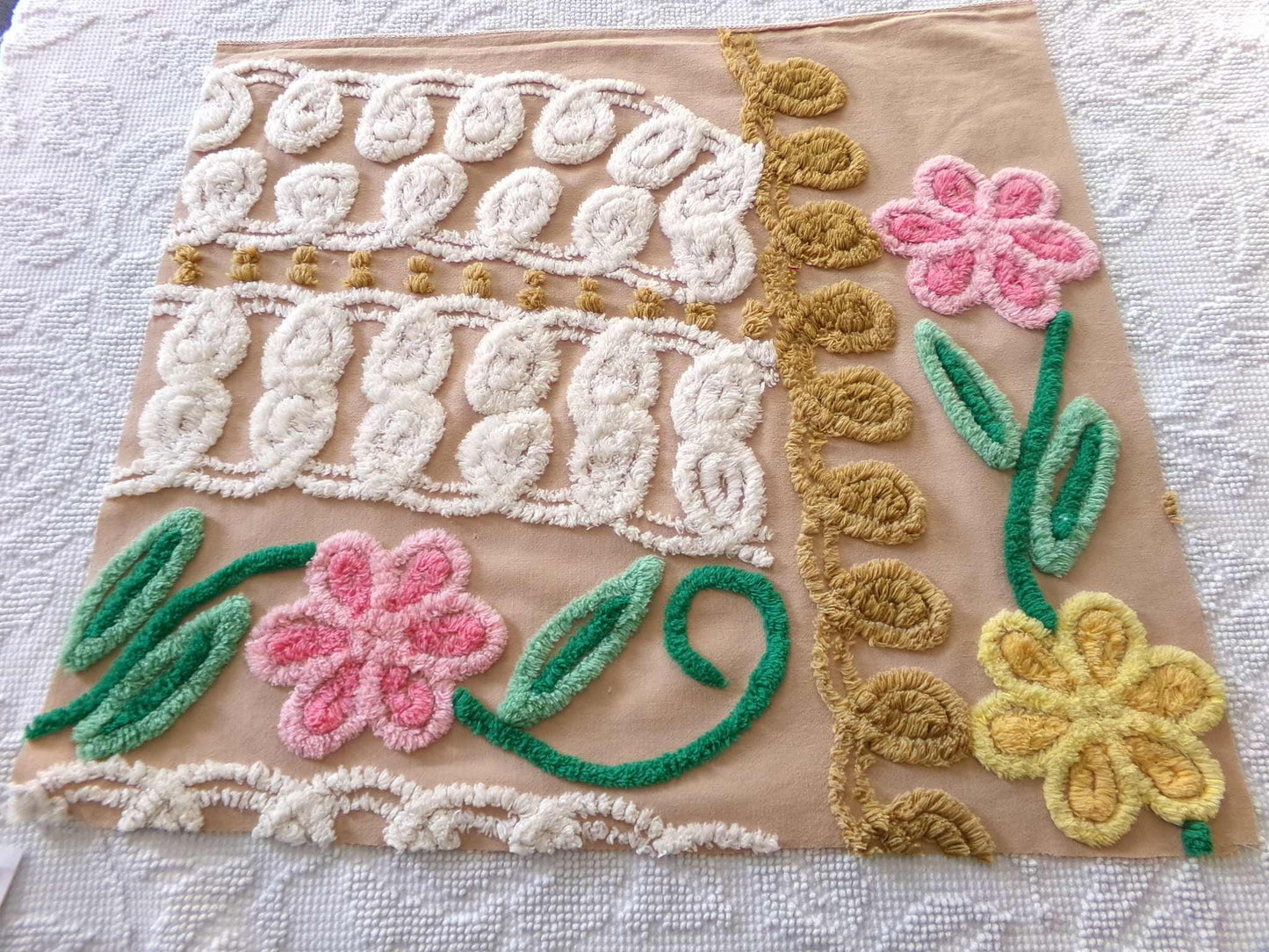 Caramel Honey Vintage Chenille Fabric, 16.5" x 19.5" inch Piece, Boho Floral Material for Pillows, Wall Hangings, Crafts