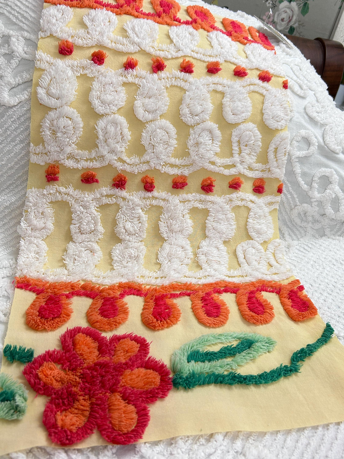 Happy Yellow Vintage Chenille Bedspread Fabric, Boho Red Flower Curlicues 13x25"