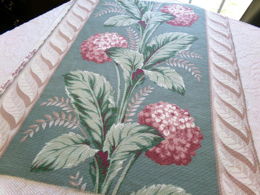 Vintage Style Hydrangea Barkcloth Fabric Piece, 27" x 23" inches, Pink Floral on Green, Great for Shabby Chic Pillows