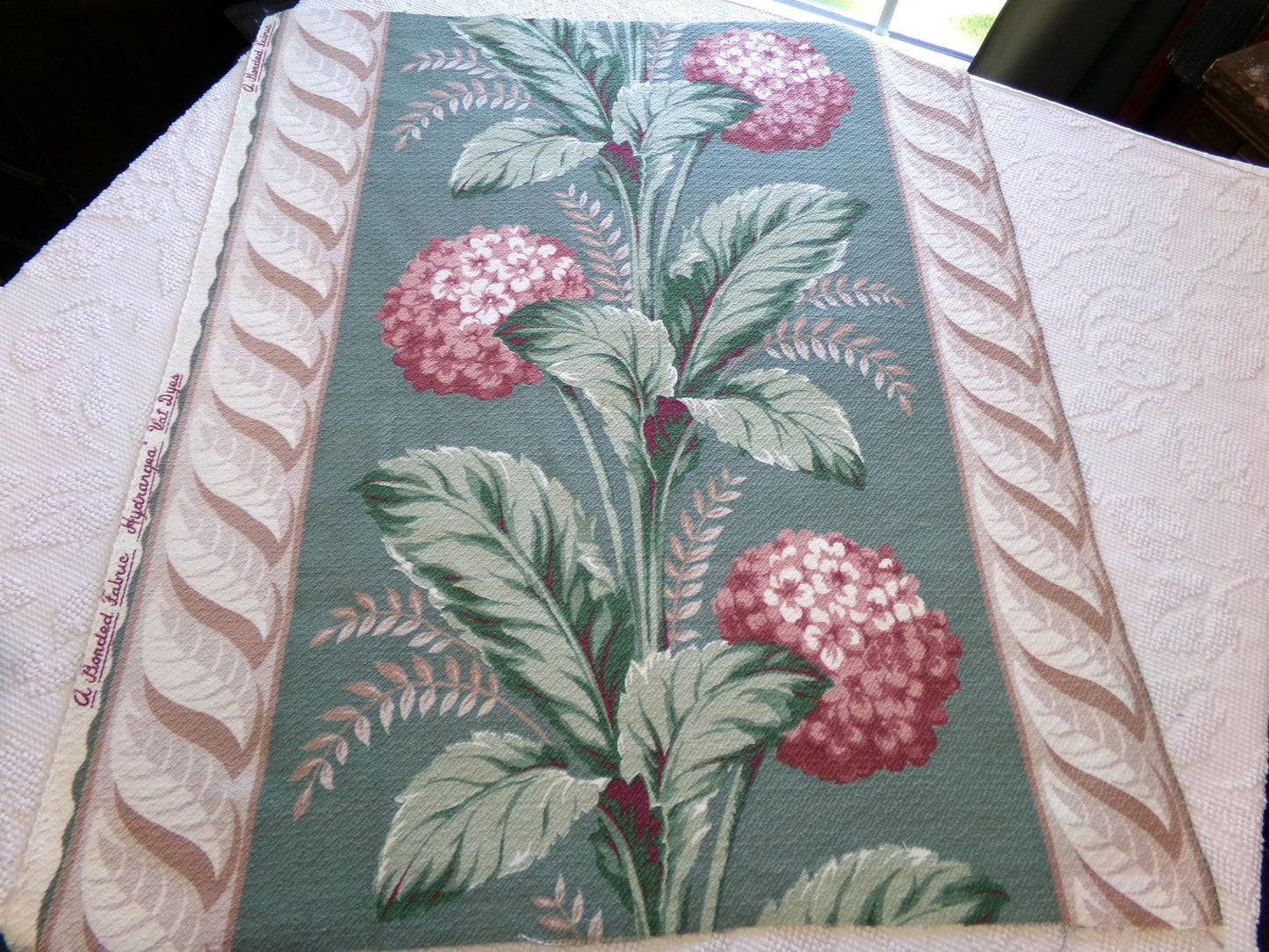 Vintage Style Hydrangea Barkcloth Fabric Piece, 27" x 23" inches, Pink Floral on Green, Great for Shabby Chic Pillows