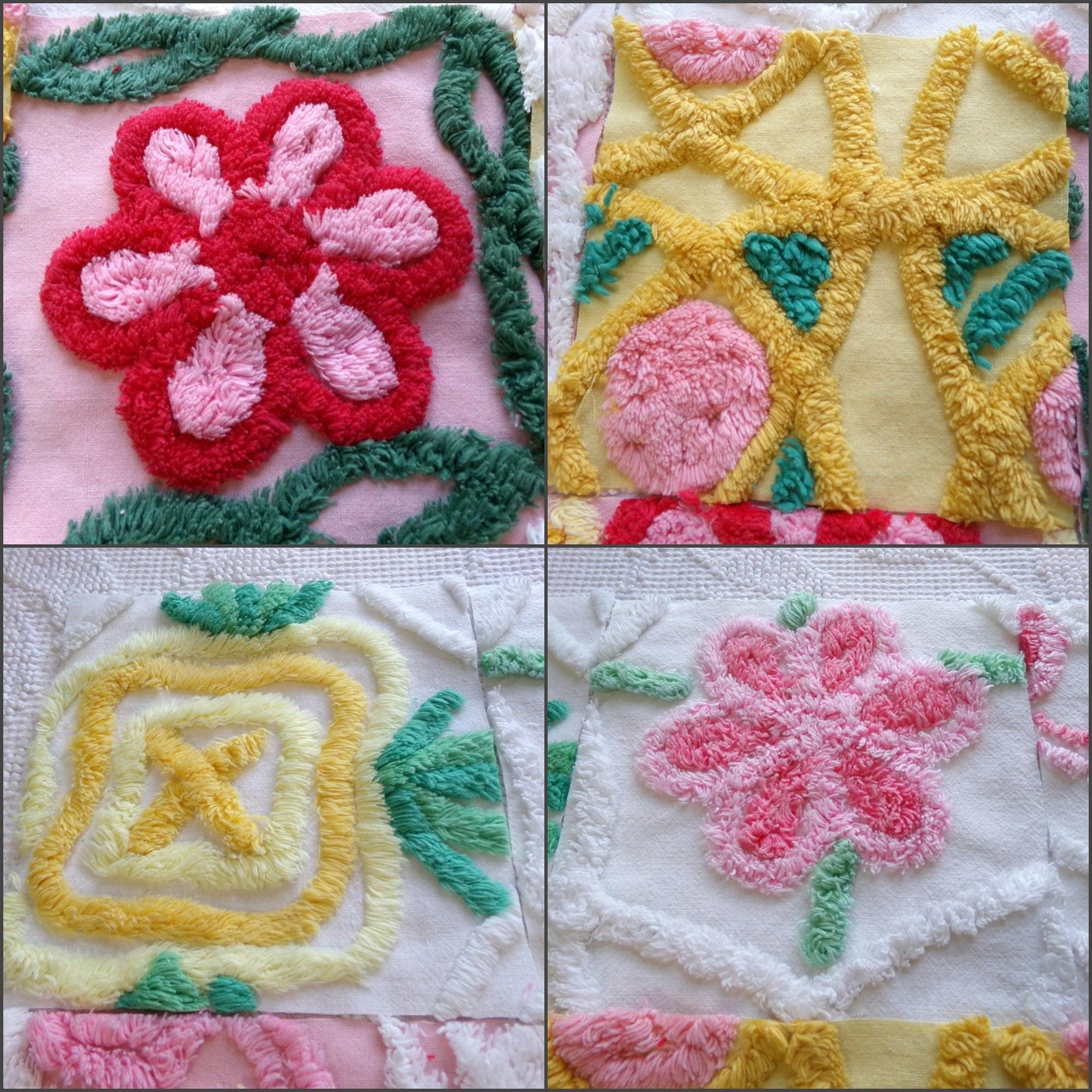 summer fresh vintage chenille fabric squares, set of 16 whimsy floral 6" quilt blocks for crafts, sewing, diy pillow covers