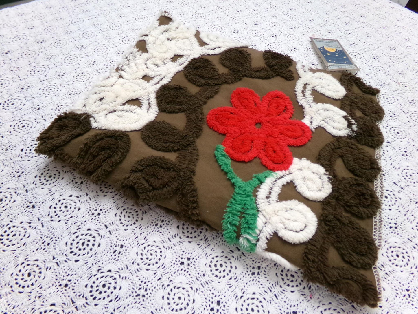Rich Chocolate Vintage Chenille Bedspread Fabric Cherry Red Flowers 20x24"