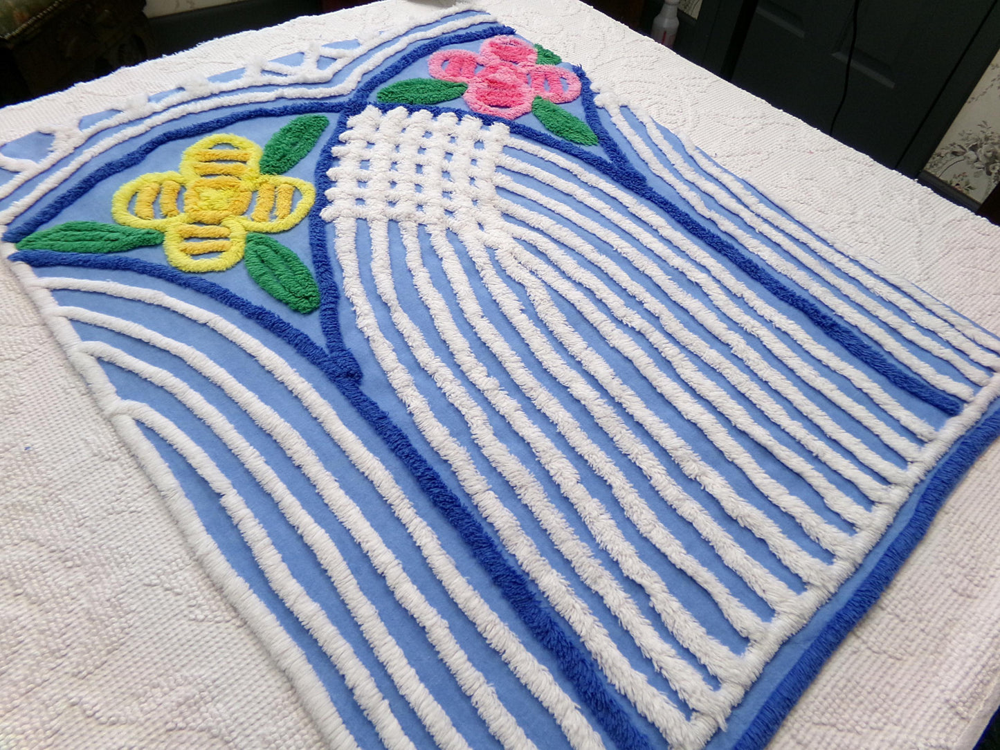 Vintage Chenille Fabric, Waterfall Blue & White Tropical Florals, 20" x 27" Cut Piece
