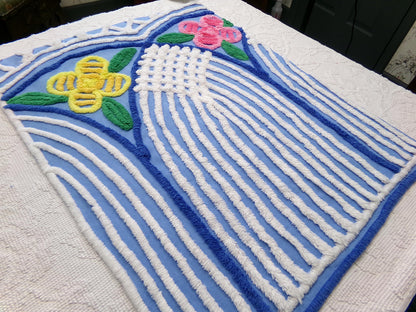 Vintage Chenille Fabric, Waterfall Blue & White Tropical Florals, 20" x 27" Cut Piece