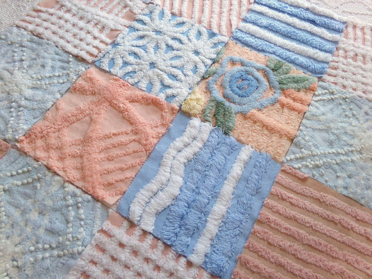 frost & fizz vintage chenille fabric squares, set of 16 blue, peach, white 6" quilt blocks for arts, crafts sewing