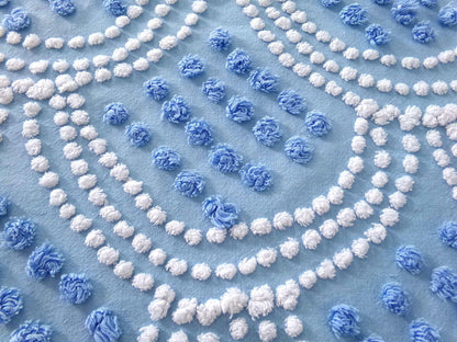 mermaid tails vintage chenille fabric, 25" x 24" inch piece in beautiful blue & white scallop pops design