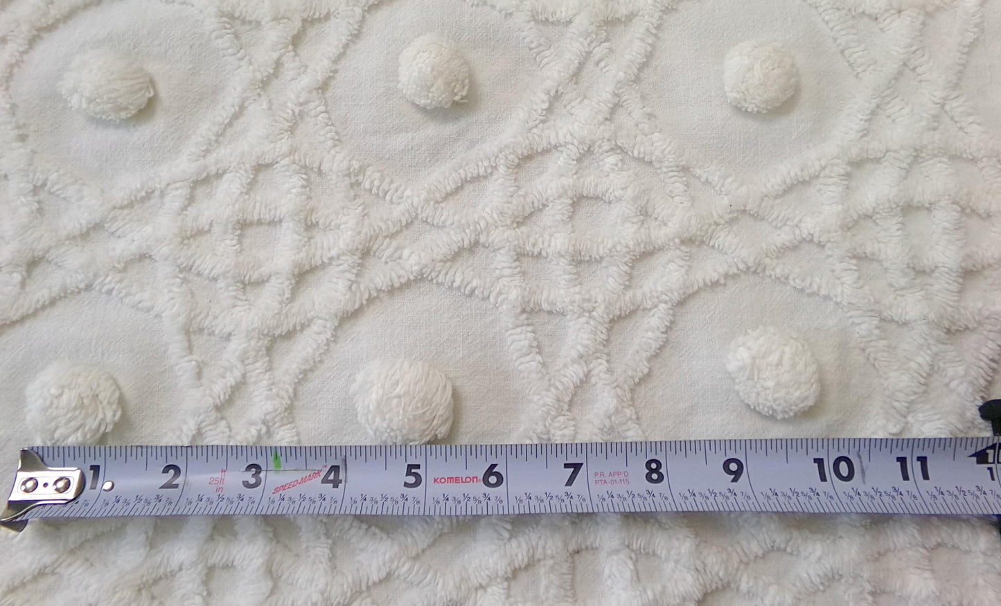Vintage Chenille Bedspread Fabric, Plush Blue Flowers White Curlicues, 18x24" Piece