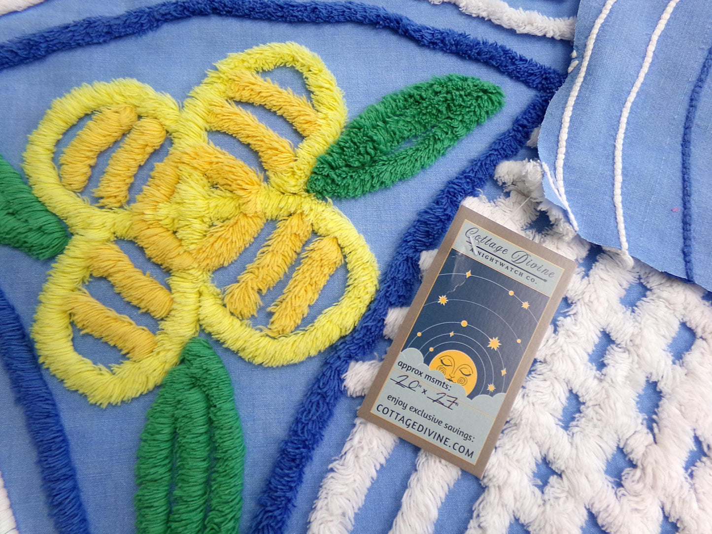 Vintage Chenille Fabric, Waterfall Blue & White Tropical Florals, 20" x 27" Cut Piece