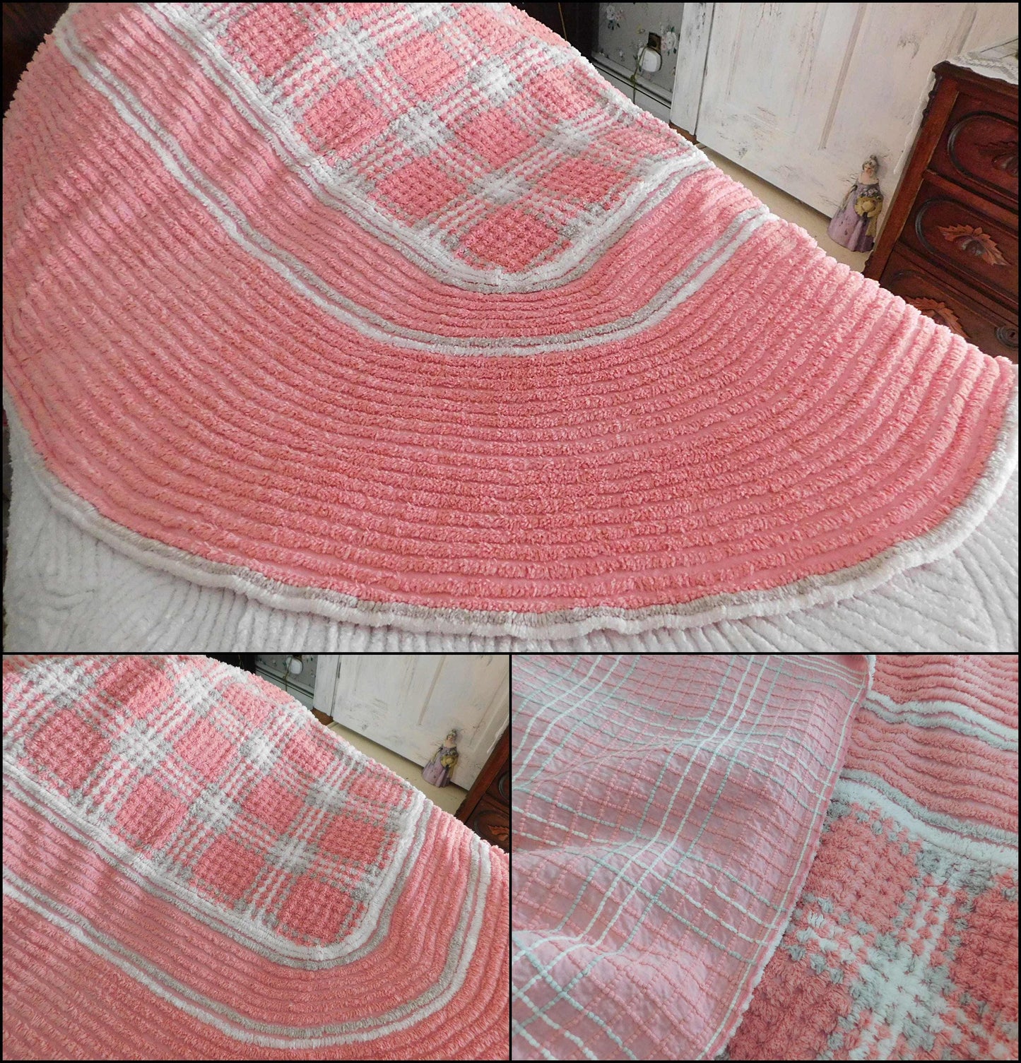 Girl Power Sassy Pink Vintage Chenille Bedspread, Grey & White Plaid, 100% Plush Cotton, TWIN Size