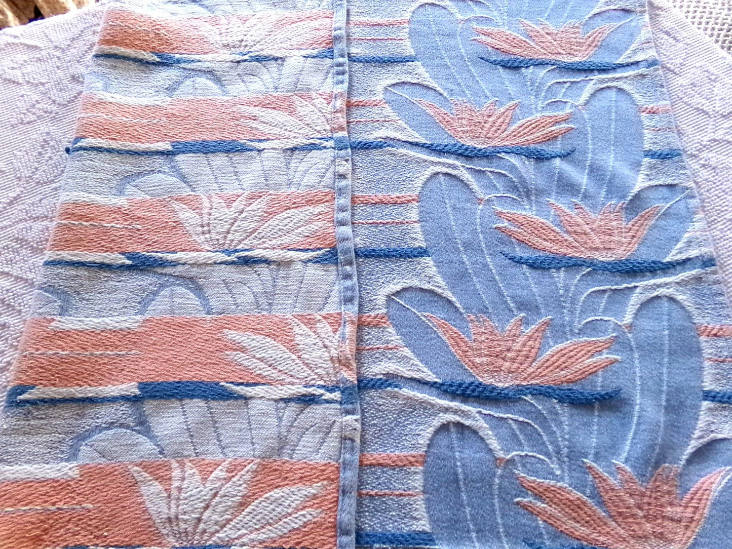 tranquil water lily vintage woven fabric piece, 21" x 32" inch reversible sewing material, calming blue & coral lilies