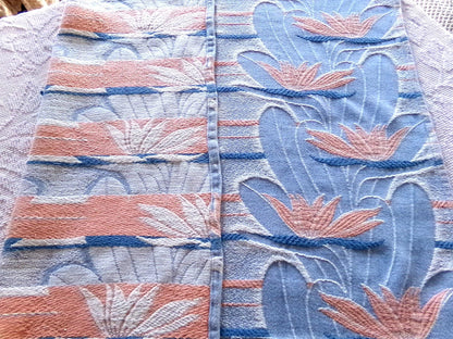 tranquil water lily vintage woven fabric piece, 21" x 32" inch reversible sewing material, calming blue & coral lilies