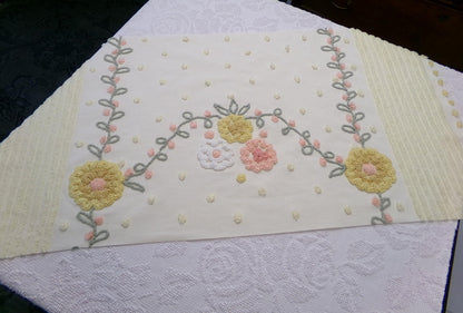 cottage floral vintage chenille fabric, buttercup yellow quilt sewing material, large 19" x 40" piece