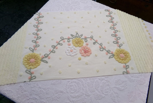 cottage floral vintage chenille fabric, buttercup yellow quilt sewing material, large 19" x 40" piece