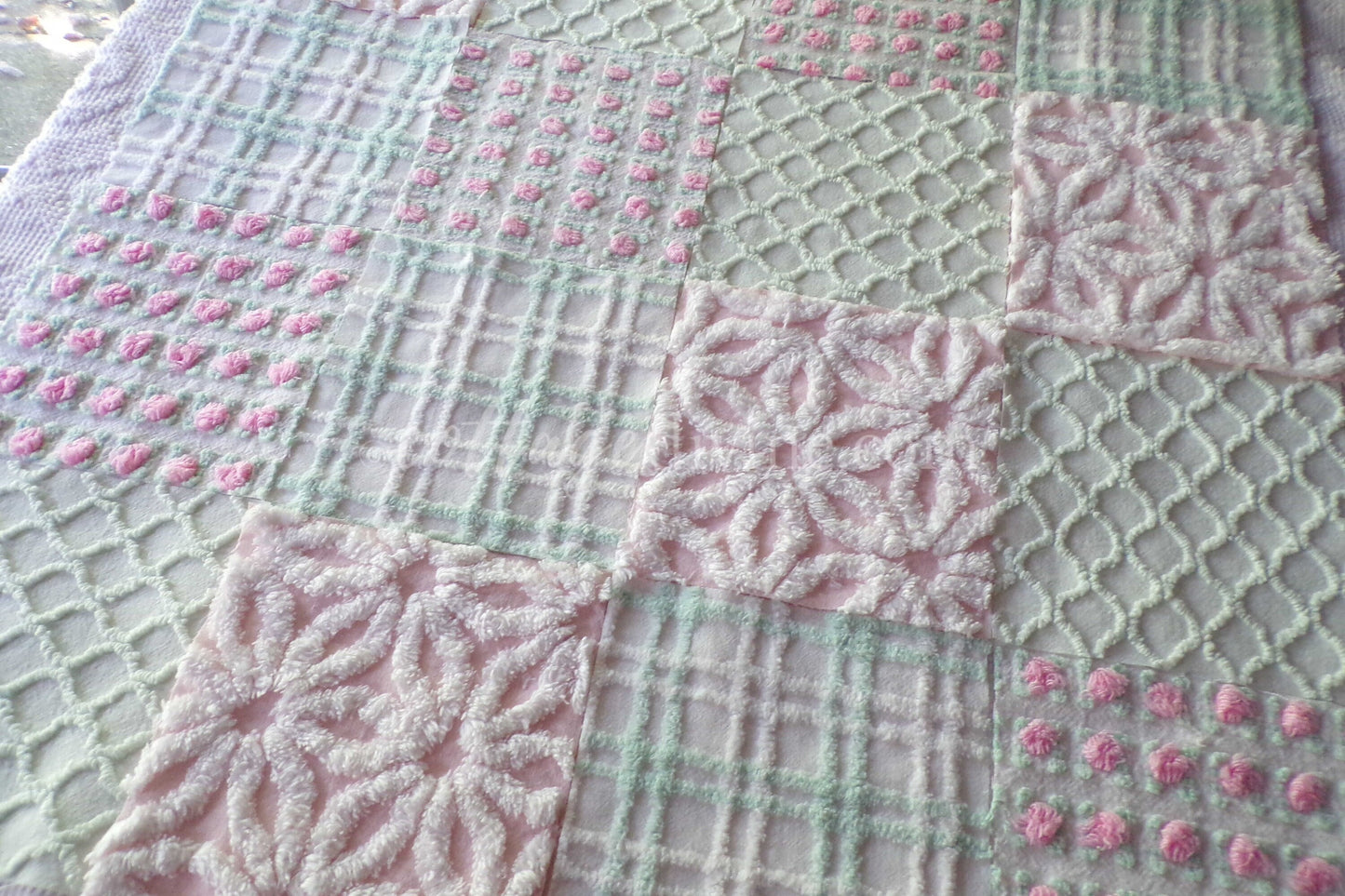 Picnic Pink & Green Chenille Fabric Squares Set of 16 Quilt Blocks, 6" x 6" inches each, Pretty Green, White, Pink Rosebud