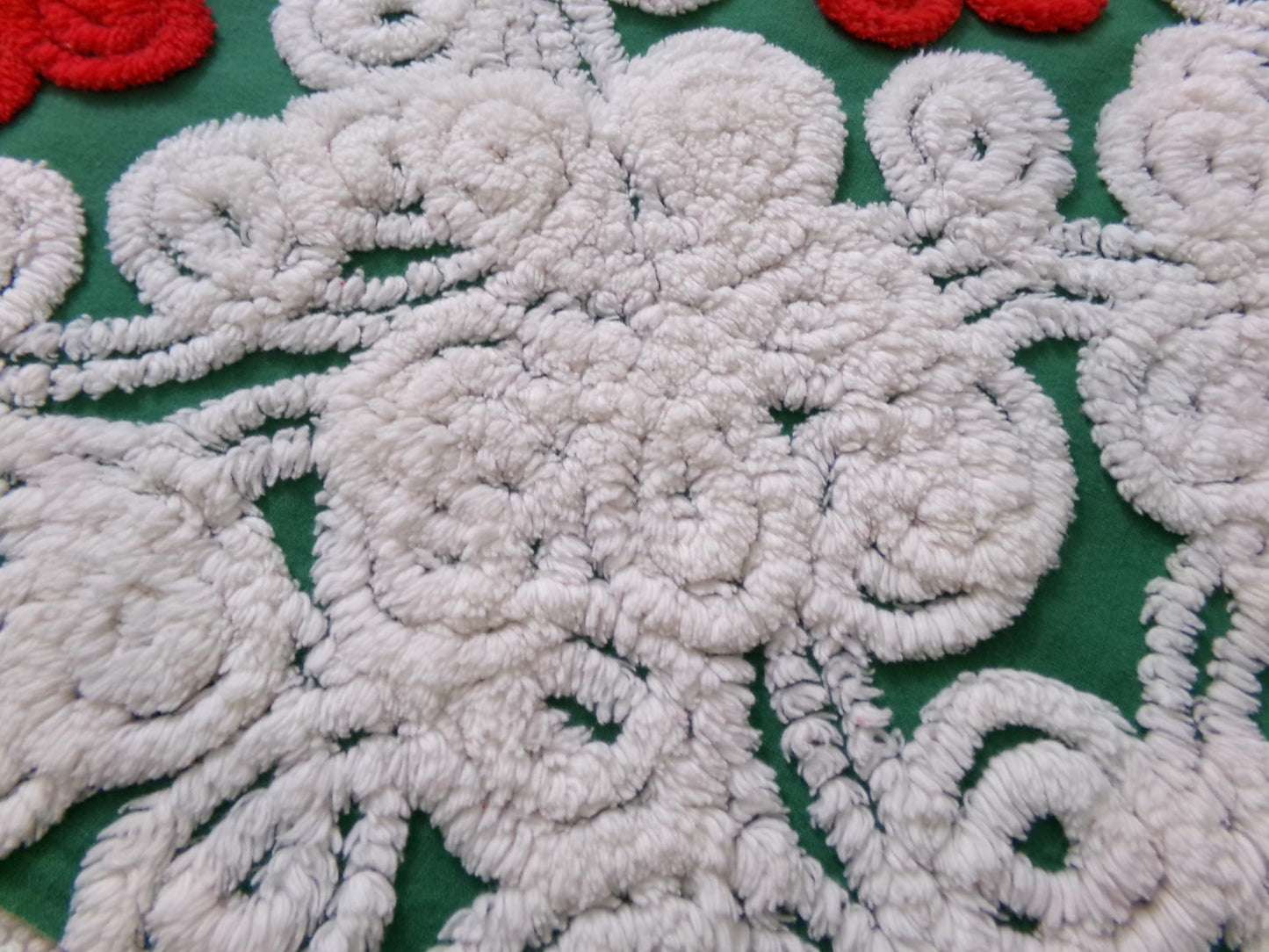 Evergreen Rose Vintage Chenille Fabric, white swirl sewing craft quilt material, 20" x 24" piece