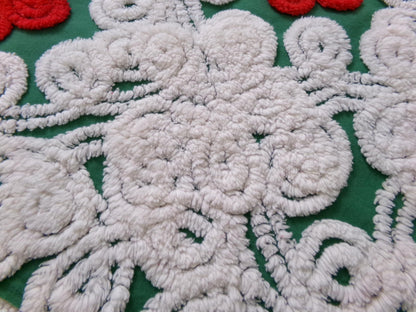 Evergreen Rose Vintage Chenille Fabric, white swirl sewing craft quilt material, 20" x 24" piece