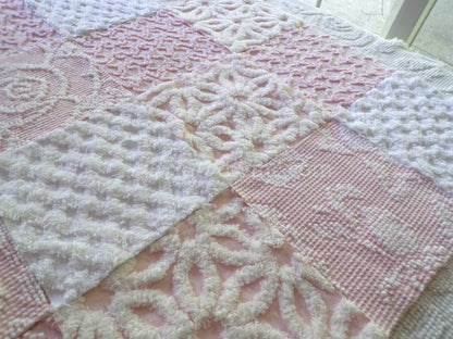 lovely pink & white vintage chenille fabric squares, set of 16 pretty 6" quilt blocks for sewing, crafts, patchwork pillows, quilting