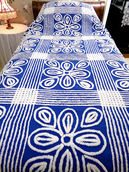 Vintage Mod Chenille Bedspread: Flower Power Bold Blue & White Shabby Cotton Full Size Bedding
