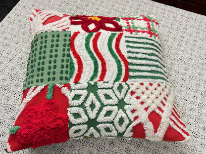 Vintage Christmas Chenille Pillow Cover, 16" Square Reversible Holiday Patchwork Design