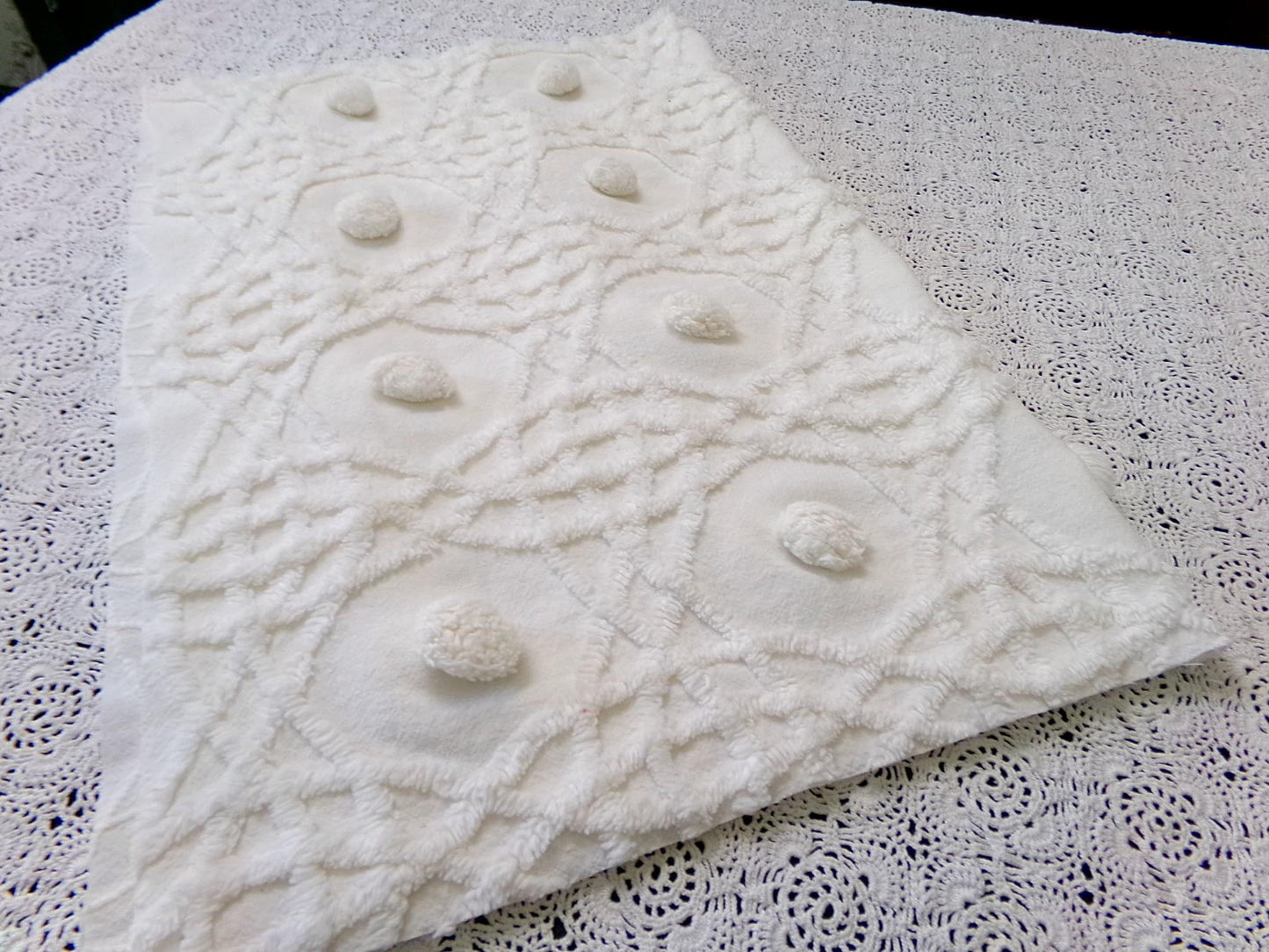 Vintage Chenille Bedspread Fabric, Plush Blue Flowers White Curlicues, 18x24" Piece