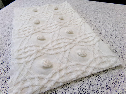 Vintage Chenille Bedspread Fabric, Plush Blue Flowers White Curlicues, 18x24" Piece