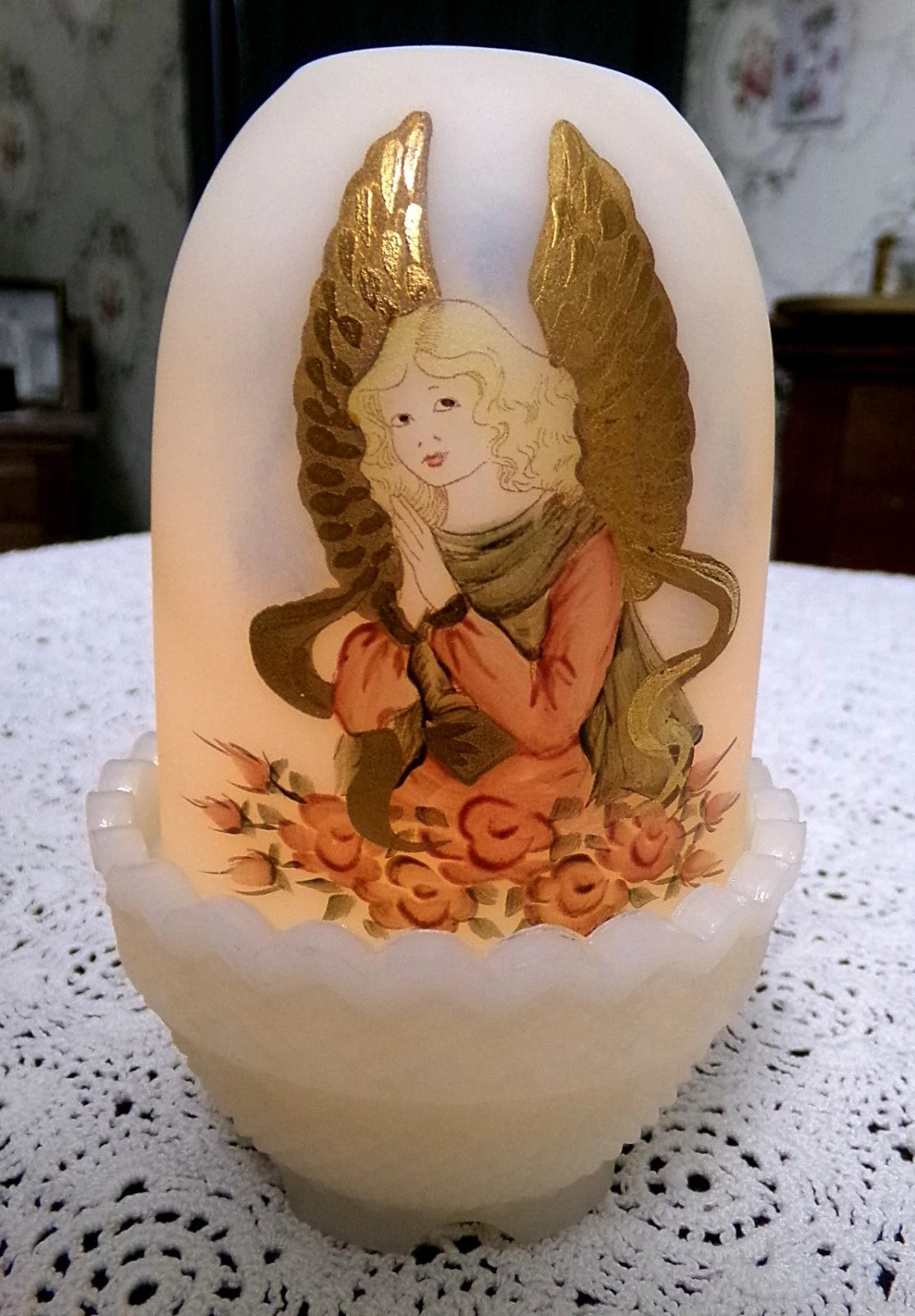 Vtg Fenton Fairy Lamp Angel Praying Heavenly Pink Roses Handpainted Jackson #10