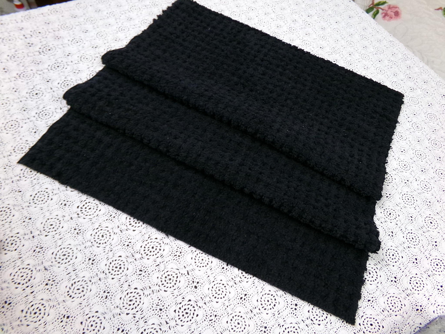 Black Vintage Chenille Fabric 18x24" Plush Waffle Grid Quilt Material