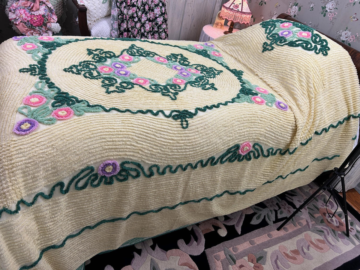 Vintage Yellow Chenille Bedspread, Lollipop Roses & Green Medallion Scrolls, Full Size