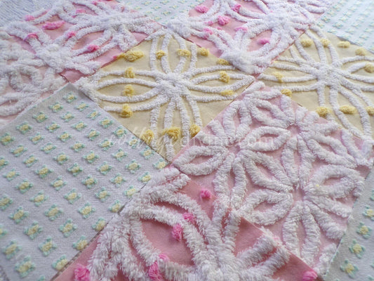 Vintage Chenille Fabric Squares: Springtime Pink & Yellow Set of 16 Quilt Blocks, 6" each