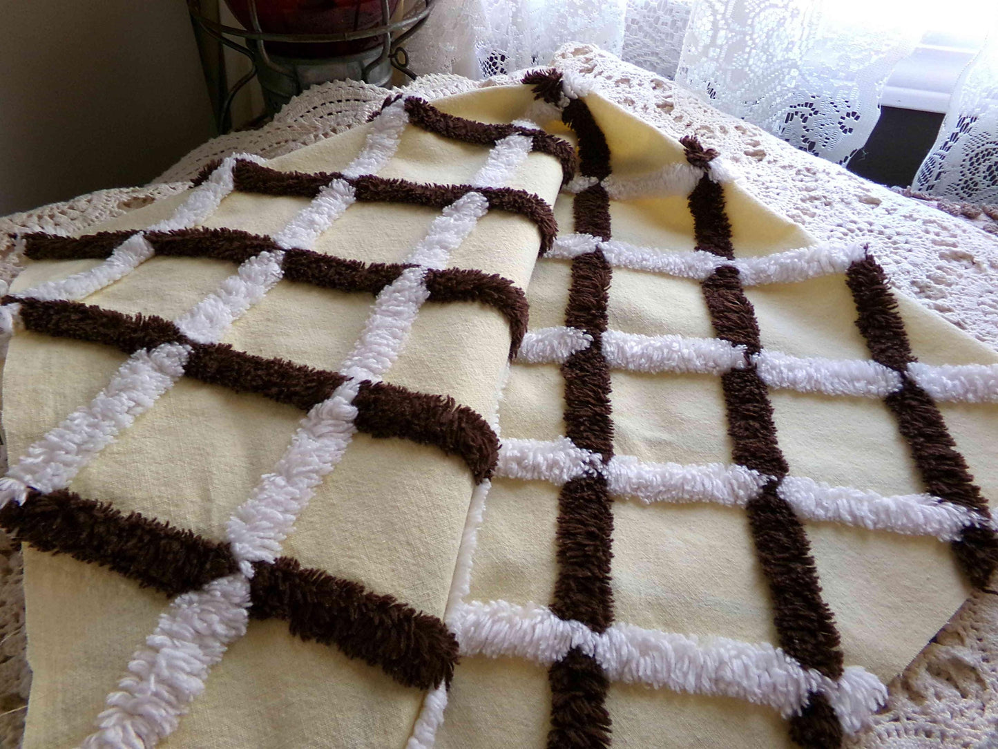 buttery yellow vintage chenille fabric in chocolate white crosshatch pattern, unique 20" x 25" piece of quilt material for crafts & sewing