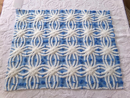 coastal chic blue vintage chenille fabric, white tufted spider rings & little pops, 24" x 18" inch piece