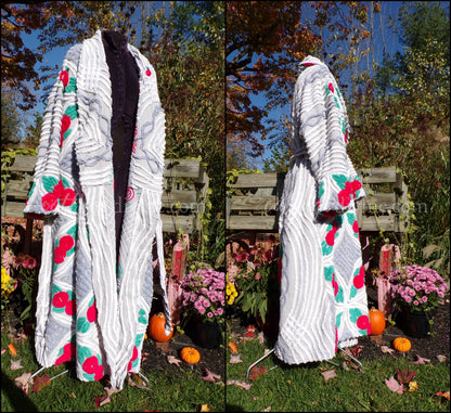 Plus Size Chenille Robe "Lovey Dovey" Red Roses Dove Grey Bathrobe Upcycled from WWII Era Vintage Chenille Bedspread, 1X, 2X Large