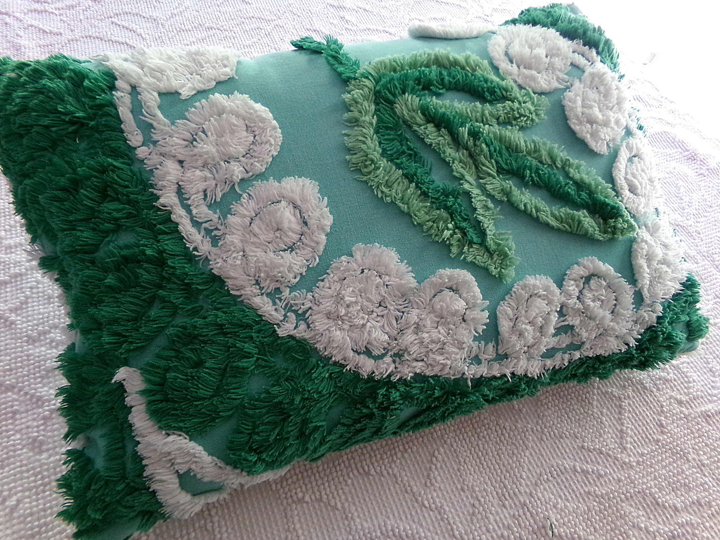Botanical Leaf Pillow Cover & Insert, 12" x 16", REVERSIBLE Accent Pillow Designed from Vintage Chenille Bedspread Fabric, Shabby Home Decor