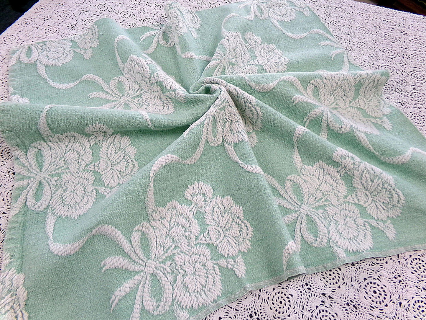 Shabby Floral Vintage Woven Fabric Piece Mint Green Carnation Flowers 20x24"