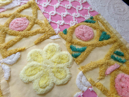 vintage chenille fabric squares, "secret garden" set of 16 floral 6" quilt blocks in yellow, rose pink, gold