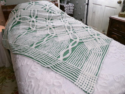 elegant evergreen vintage chenille bedspread, white geometric tufting, full size cotton bedding