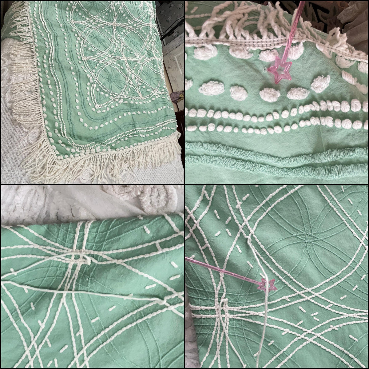 Vintage Chenille Bedspread Shabby Twin Jade Green White Spiderweb Starburst