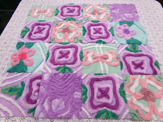 fabulous flowers vintage chenille fabric squares, set of 16 lavender green quilt blocks 6" ea