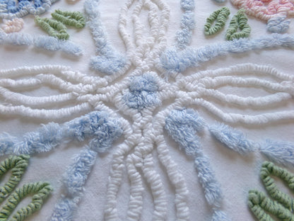 Shabby Cottage Chic Vintage Chenille Fabric, 25" x 21" Piece of White Pink Blue Floral Cotton Sewing Material, Upcycle into Pillows, Quilts